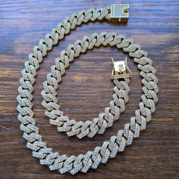 Moissanite Cuban Link Chain Necklace Wide Iced Out 22 Inches Long Gold Tone